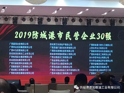 喜報(bào)|澳加糧油榮獲「2019年防城港市民營(yíng)企業(yè)30強(qiáng)」第4名